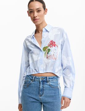 Chemise courte imprimée, , Coton, Bleu, XL