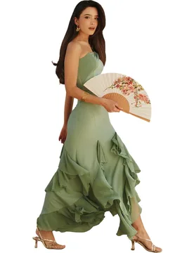 Falda midi asimétrica con aberturas y volantes - MIPHAI - FashionsVida