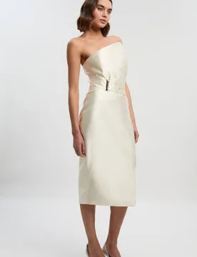 Women's Satin Twill Trim Detail Structured Asymmetric Neck Tailored Midi Dress in Ivory Size: 6 - Ivory - Size: 6 - Karen millen - FashionsVida