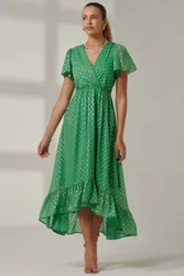 Women's Metallic Effect Angel Sleeve Maxi Dress in Green Size: 8 - Green - Size: 8