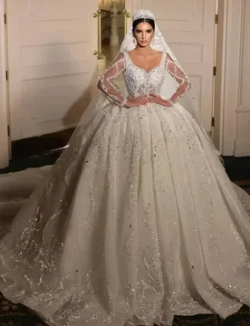 Customzied Graceful Luxurious Ball Gown Wedding Dresses V Neck Long Sleeve Robe De Lace Beade d Princess Vestidos de Novia - Aliexpress - FashionsVida
