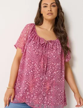 Women's Geometric Ikat Print Pintuck Blouse in Pink Size: 14 - Pink - Size: 14 - Yours - FashionsVida
