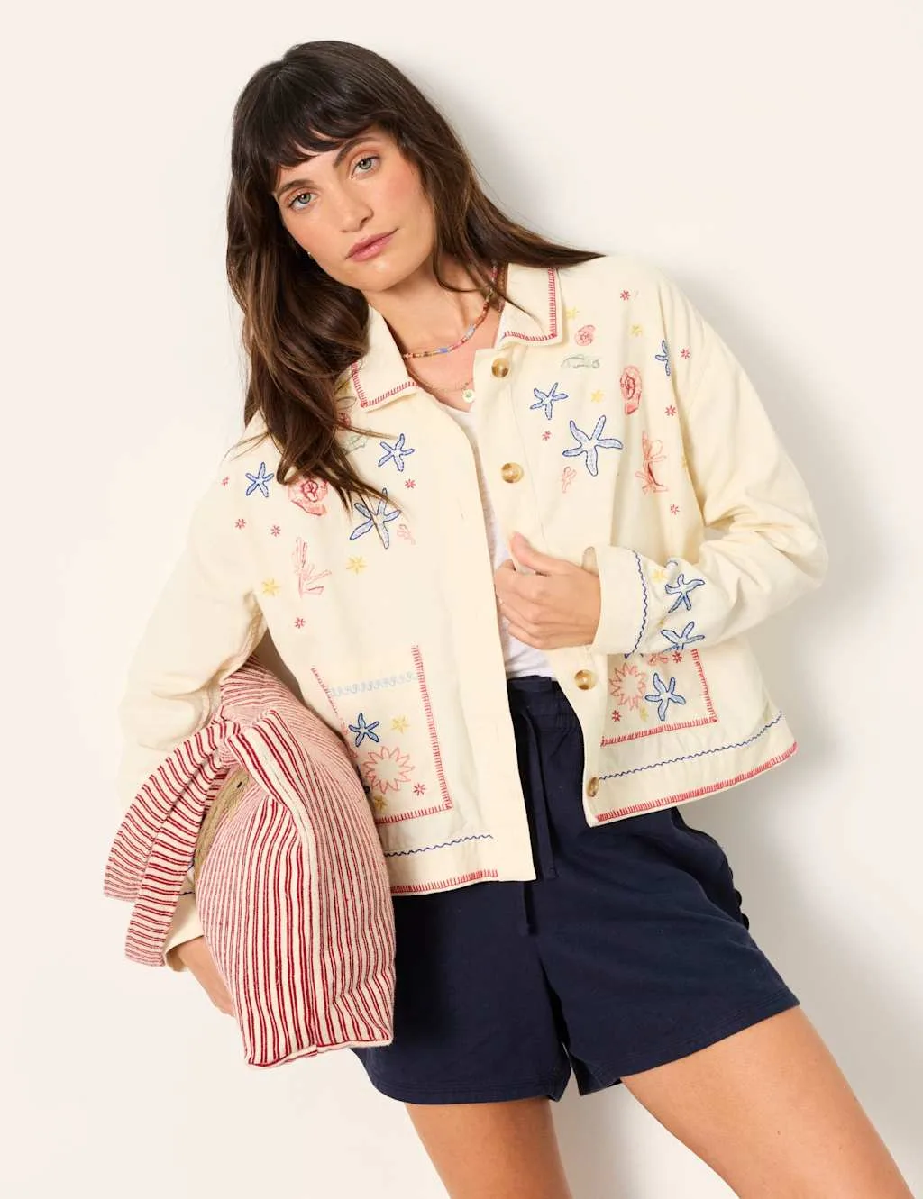 Pure Cotton Embroidered Collared Jacket Ivory Mix female - Fatface - FashionsVida