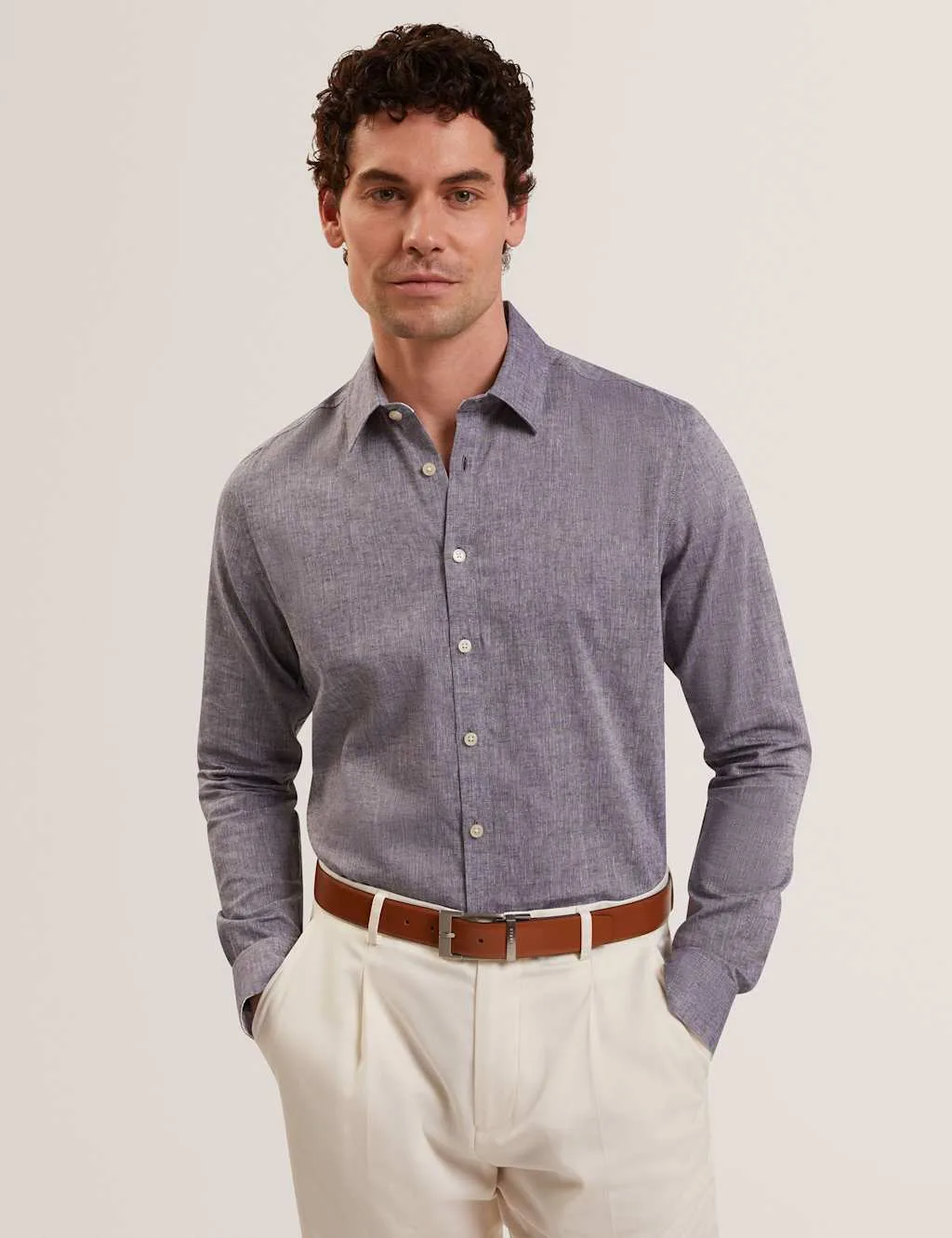 Regular Fit Cotton Linen Blend Prynn Shirt Navy male - Ted baker - FashionsVida