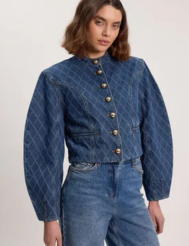 Womens Denim Balloon Sleeve Jacket - Blue Cotton - Size 8 Uk - Karen millen - FashionsVida