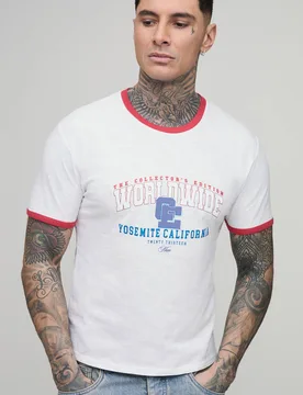 Men's Tall Collector's Edtn Worldwide Ringer Shrunken Boxy T-Shirt White Size 2X-Large White 2XL - boohooMAN - FashionsVida