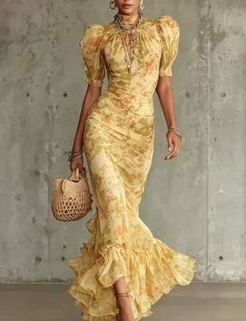 Fashion Printed Maxi Dresses Women Pleated Robe European and American Elegant Ruffle Party Dresses French Bubble Sleeves Vestido - Aliexpress - FashionsVida