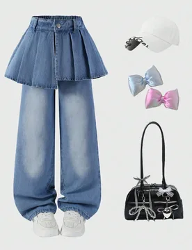 Pieza Falda-pantalón de mezclilla con pliegues y parches de estilo casual y versátil para niñas - Shein - FashionsVida