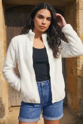 Womens Soft Sherpa Fleece Jacket - White - Size Medium