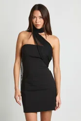 Womens Mesh Fabric Mix Draped Mini Dress - Black - Size 14 Uk