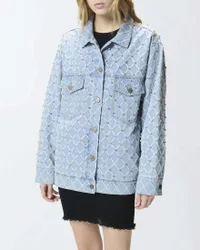 Giubbino in denim chiaro con fantasia a rombi e strass gioiello applicati