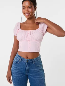 Women's Pink Puff Sleeve Broderie Detail Top Size: 12 - Pink - Size: 12 - Pink Vanilla - FashionsVida