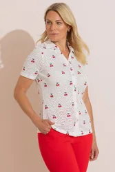 Embroidered Cherry Blouse - White - Size: 2XL