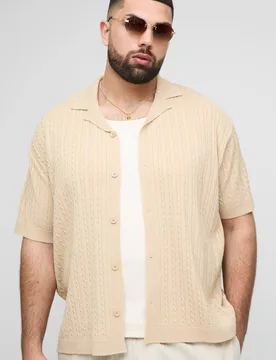 Men's Plus Oversized Boxy Short Sleeve Revere Cable Knit Shirt Stone Size 2X-Large Stone 2XL - boohooMAN - FashionsVida