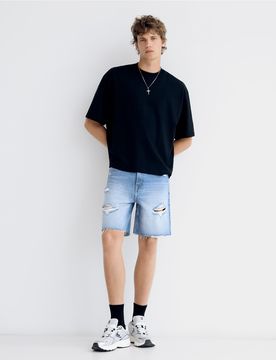 Bermuda En Denim Déchiré 36 Bleu Lavé