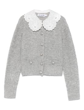 Anglaise-Collar Knit Cardigan with Snap Closure and Diamond Button Detail