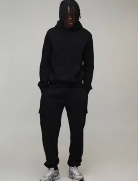 Men's Tall Boxy Hooded Cargo Tracksuit Black Size Large Black L - boohooMAN - FashionsVida