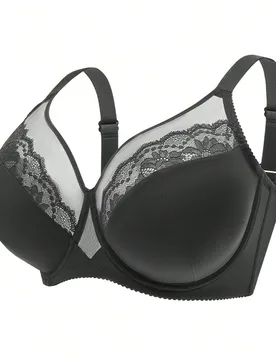 Sujetador minimizador de encaje negro y malla para mujer talla grande, estilo lounge Curve, transparente, de cobertura total, con aros, sin relleno, s - Shein - FashionsVida