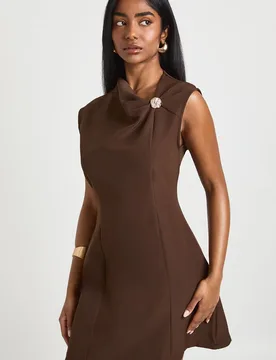 Womens Gold Trim Asymmetric Neckline Mini Dress - Brown - Size 16 Uk - Boohoo - FashionsVida