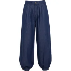 Pantalón vaquero ancho con bajo abullonado de mujer