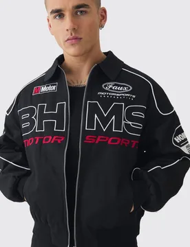 Men's Twill Badge Moto Jacket In Black Size X-Small Black XS - boohooMAN - FashionsVida