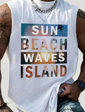 Camiseta de tirantes casual de verano para hombres con estampado de letras y cuello redondo - Shein - FashionsVida
