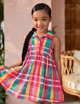Vestido informal para niña con cuello camisero, manga sin mangas y botones hasta la mitad, con estampado a cuadros de colores