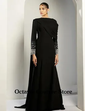 Saud Arabic Evening Dress with Cape Black Mermaid Party Gown Customized Scoop Long Sleeve Crystal Stone Arabian Prom Dresses - Aliexpress - FashionsVida