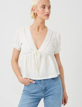 Women's Bow Detail V-Neck Short Sleeve Top in Cream Size: XS - Cream - Size: XS - Brave soul - FashionsVida