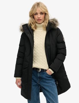 Superdry Damen Everest Parka mit Kunstfellbesatz Schwarz - Größe: 34