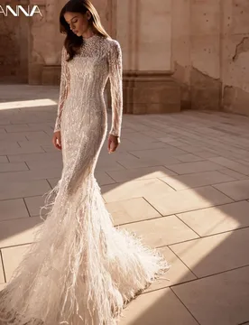 Exquisite Feathers Mermaid Long Wedding Dress Sequined Pearl Bride Robe Modest High Collar Bridal Gown Customized Robe De Mariée - Aliexpress - FashionsVida