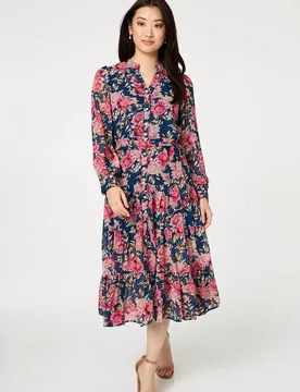 Women's Floral Tie Waist Relaxed Tier Midi Dress in Navy Size: 18 - Navy - Size: 18 - Izabel London - FashionsVida