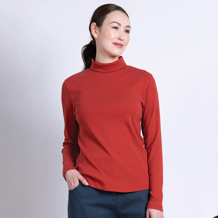 Organic Rib Polo Neck Top - Rust - Nomads - FashionsVida
