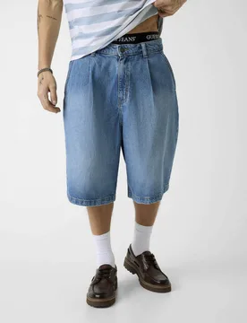 Bermuda baggy-fit in denim Jeans lavaggio chiaro in cotone elasticizzato - Guess - FashionsVida