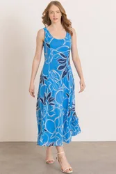 Sleeveless Printed Fit & Flare Maxi Dress - Blue - Size: 12