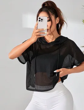 Sudadera deportiva con capucha, holgada, con hombro caído, manga corta y perspectiva suelta de unicolor para mujeres - Shein - FashionsVida