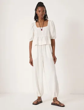 Linen Rich Barrel Leg Beach Trousers White female - hush - FashionsVida