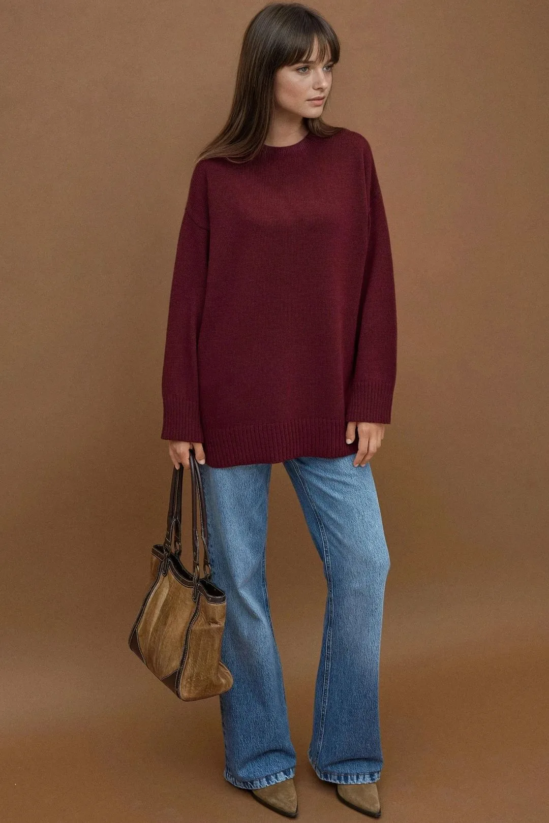 Womens Thick Knit Crew Neck Long Sweater - Burgundy - Size Medium - Hiccup - FashionsVida