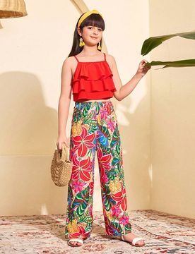 Conjunto de vacaciones para niñas, camiseta de tirantes con volantes en capas + pantalones anchos con estampado floral, y elegante, adecuado para sal