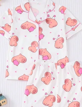 Conjunto de pijama informal y lindo para niña preadolescente, con estampado de cerdito rosa, que incluye top de manga corta con cuello y shorts de ci - Shein - FashionsVida