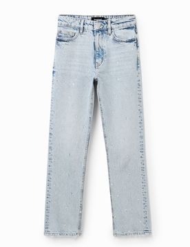 Jean droit strass, Coton, Bleu, 34