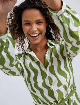 Nora Button Down Abstract Print Midi Dress In Green - 8 - Lily and Lionel London Limited - FashionsVida