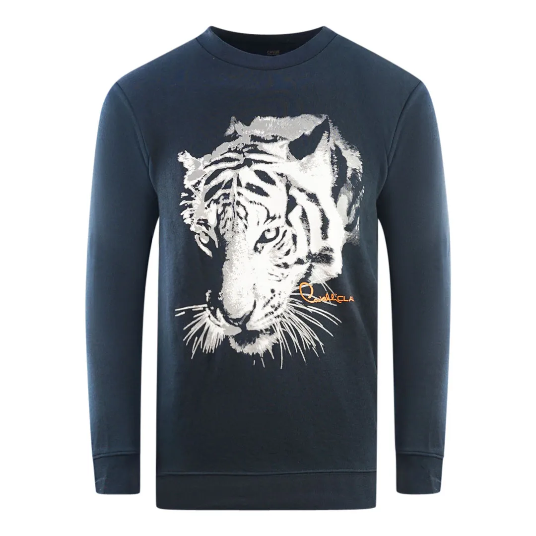 Mens Tiger Silhouette Logo Navy Blue Sweatshirt Textile - Size 2xl - Cavalli Class - FashionsVida