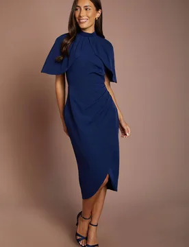 Women's Cape Sleeve Wrap Skirt Midi Dress in Navy Size: 16 - Navy - Size: 16 - Coast - FashionsVida