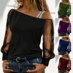 Women's Long-sleeved T-shirt Mesh Spliced off-shoulder Fashion Top Simple Casual and Versatile Basic Tees