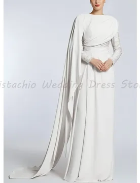 Round Neck Sheer Beaded Long Sleeve Draped Cape Twist Waist Matte Satin Modest Muslim Formal Evening Bridal Gown With Train - Aliexpress - FashionsVida