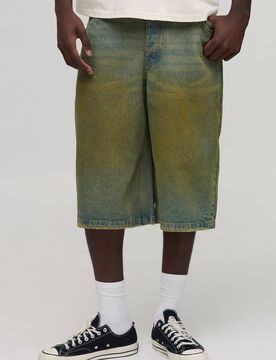 Herren Lange Getönte Denim-Shorts Green Größe 44