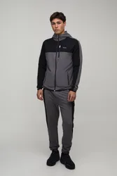 Mens Man Active Colour Block Funnel Hooded Regular Fit Tracksuit - Charcoal - Size X-Small