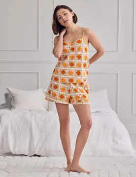 Cotton Rich Sunshine Tile Print Cami Short Pyjama Set Light Cream female - Chelsea Peers - FashionsVida