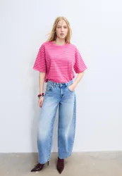 Gestreiftes T-Shirt mit kurzen Ärmeln Kaugummirosa L